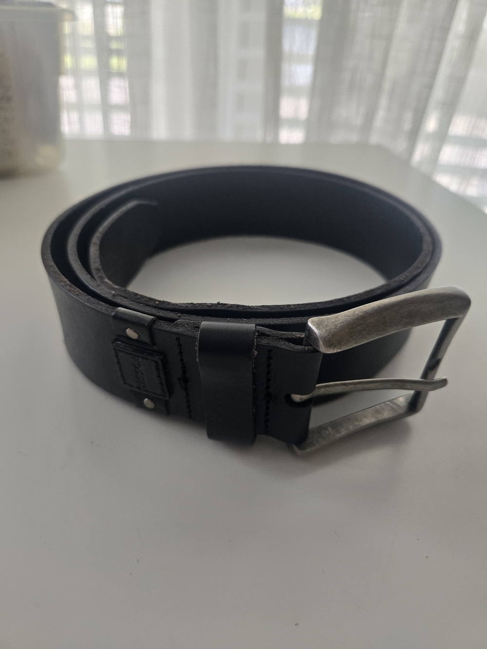 Fossil Black Leather Belt with Antiqued Silver Buckle